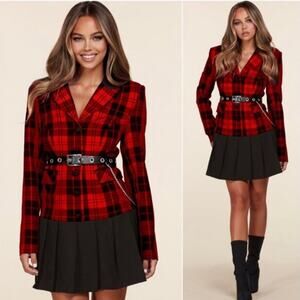Women's Stunning Edgy Plaid Belted Pleated Collar Button Mini Dress Red & Black